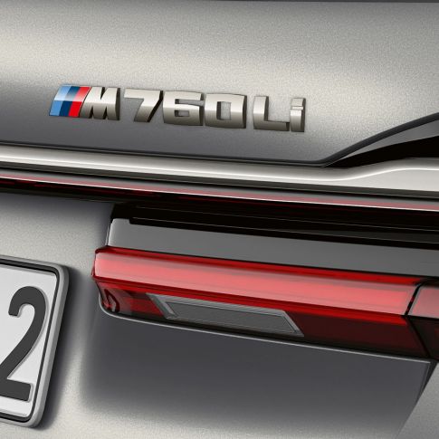 BMW 7 Series Sedan: close-up of BMW M760Li badge BMW 7 Series Sedan: close-up of BMW M760Li badge on the rear