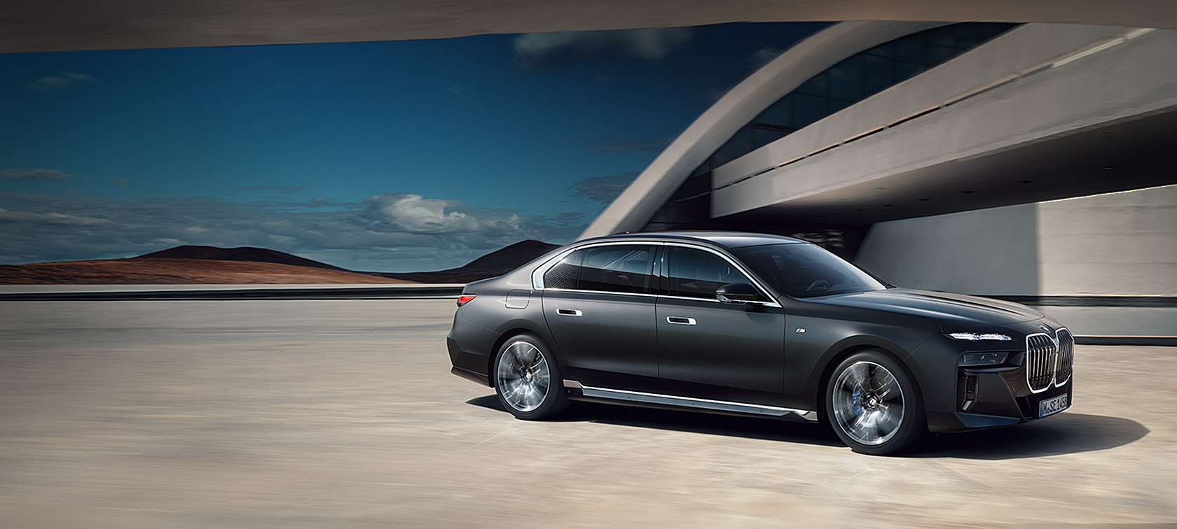 BMW 7 Series Sedan in three-quarter front view BMW 7 Series Sedan: grey BMW in three-quarter front view surrounded by beams of light