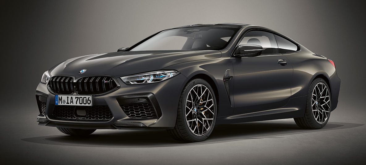 BMW Individual M8 Coupé in BMW Individual Dravit Grey metallic. BMW Individual M8 Coupé in BMW Individual Dravit Grey metallic, three-quarter front view.