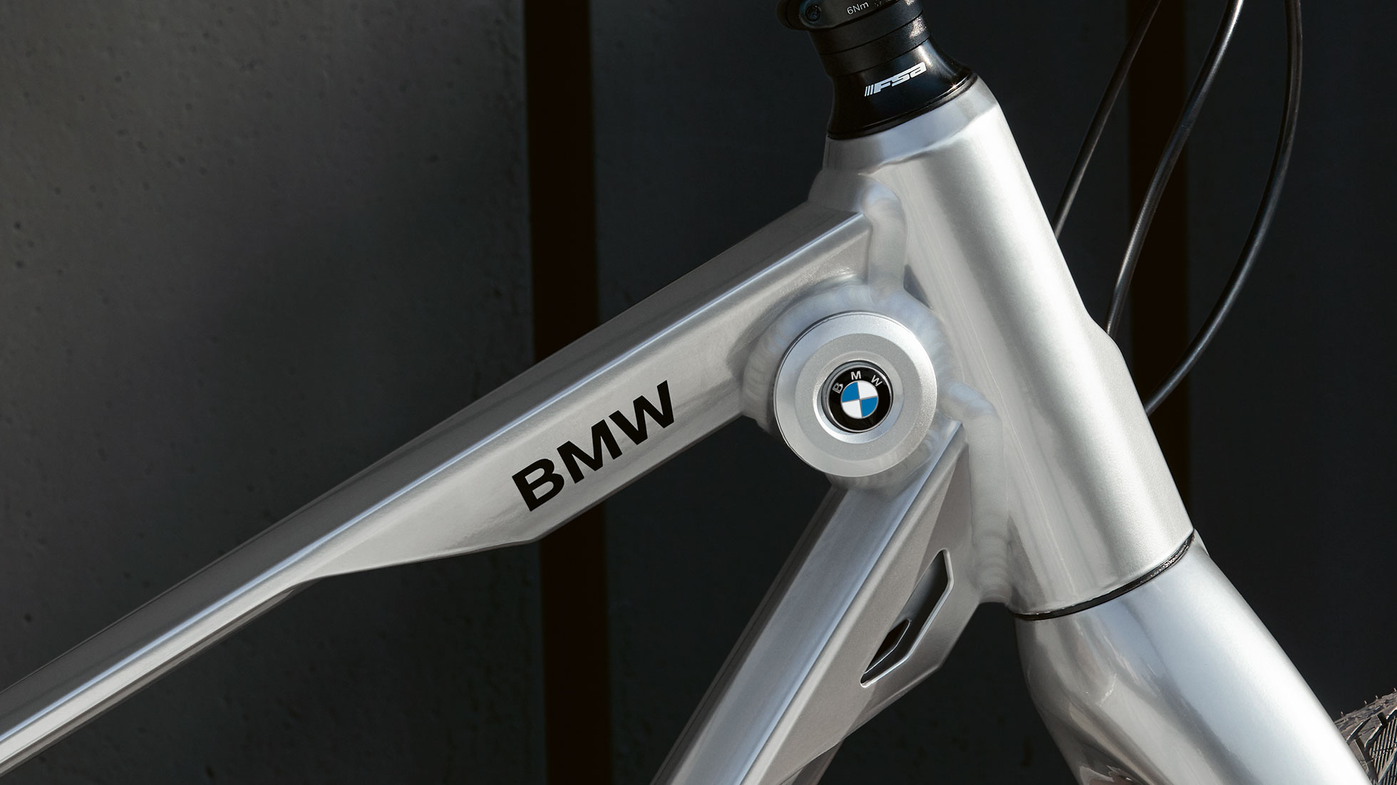 The picture shows a BMW Cruise Bike. The BMW logo and the BMW wordmark are clearly visible on the front part of the frame.