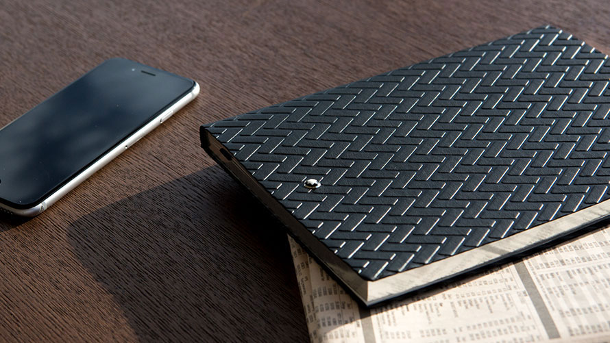  The product illustration shows a partial view of the Montblanc for BMW Leather Notebook.