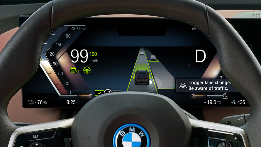 Instrument display with Lane Change Warning driver's point of view close-up