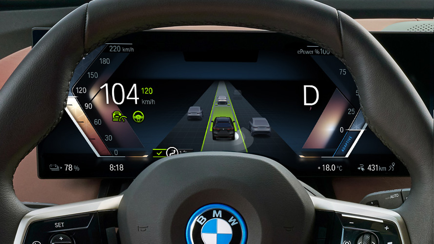 Instrument display with Lane Departure Warning driver's point of view close-up