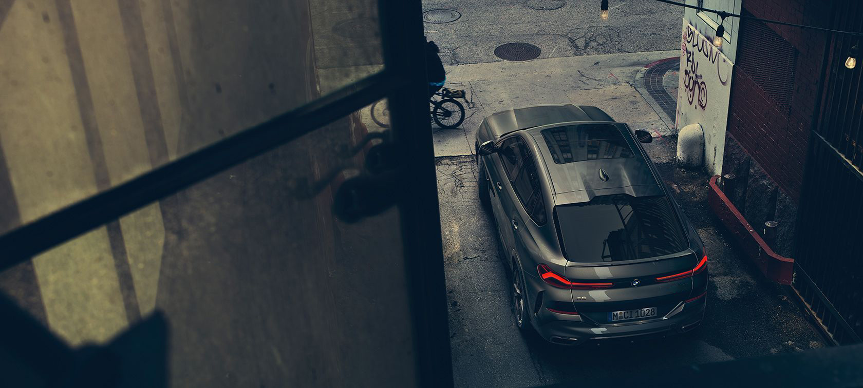 BMW X6 rear view. BMW X6 rear view from bird's eye view.