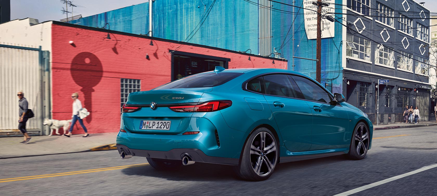 BMW 2 Series Gran Coupé three-quarter rear view BMW 2 Series Gran Coupé Snapper Rocks Blue metallic F44 three-quarter rear view
