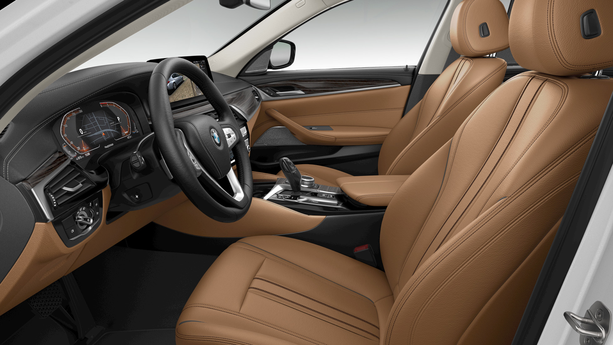 Upholstery BMW 5 Series Sedan G30 Luxury Line Upholstery in Exclusive leather 'Nappa' Mokka exclusive stitching with piping in contrast BMW 5 Series Sedan 520d xDrive G30 2020 Luxury Line interior