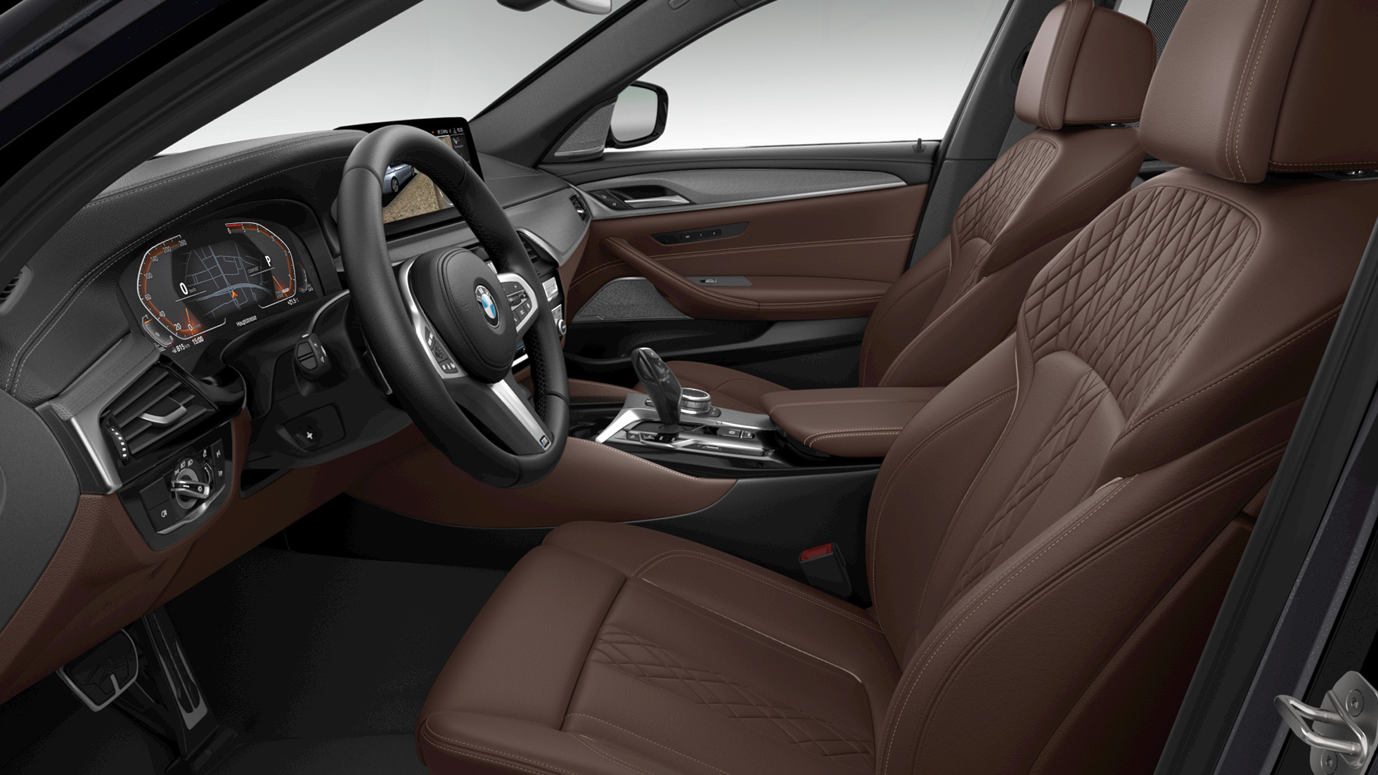 Upholstery BMW 5 Series Sedan G30 Plug-in-Hybrid M Sport package Upholstery in Leather 'Dakota' Black with contrast stitching Blue BMW 5 Series 520d xDrive G30 2020 M Sport package interior